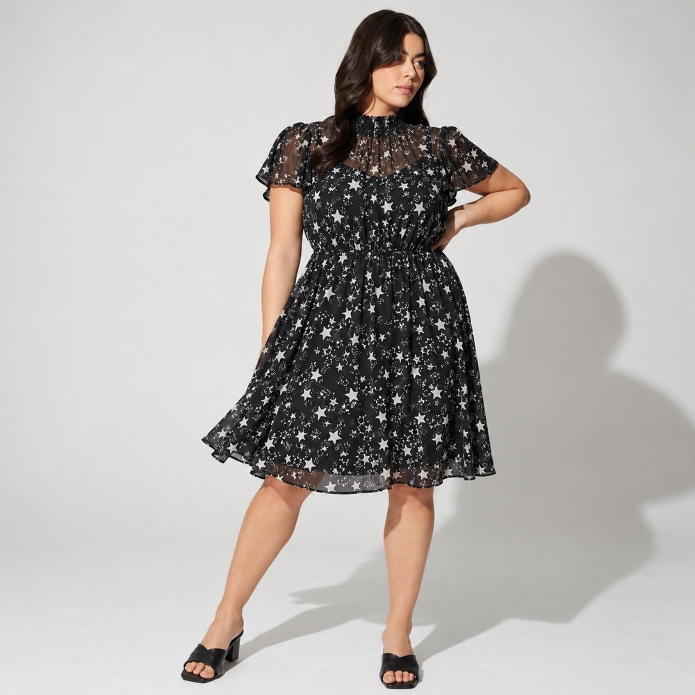 Torrid Mini Chiffon Smocked Dress Twinkle Stars Black Mock Neck Size 00 M/L 10